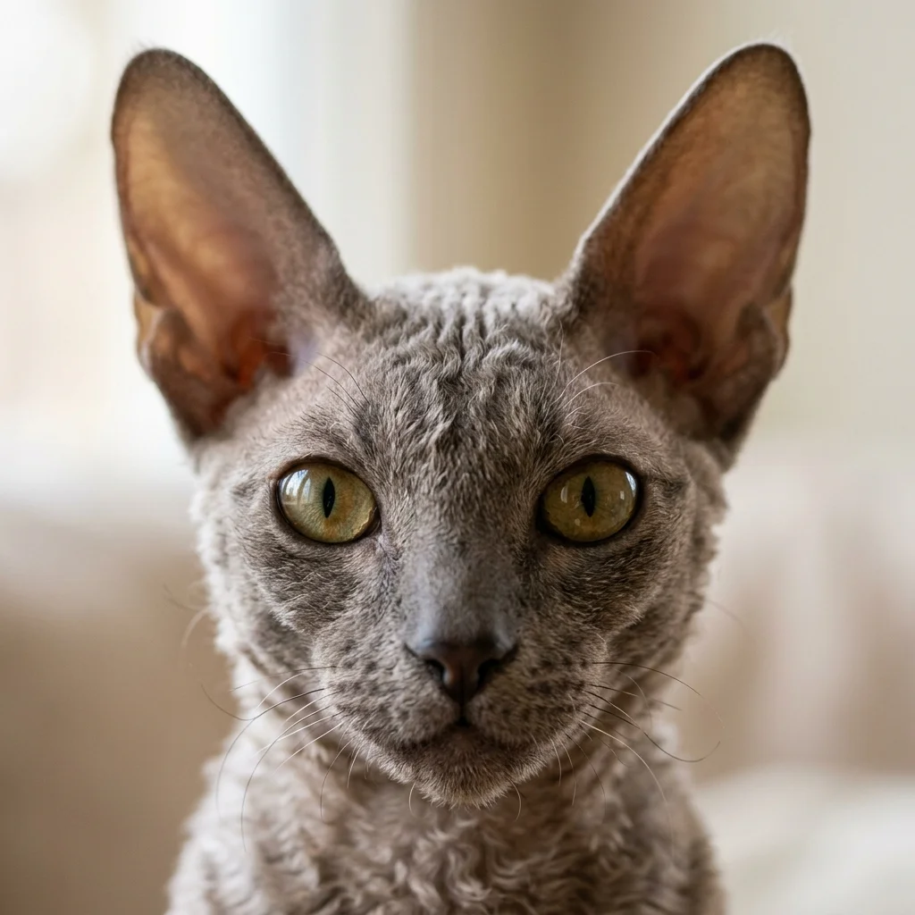 Cornish Rex cat face closeup portrait