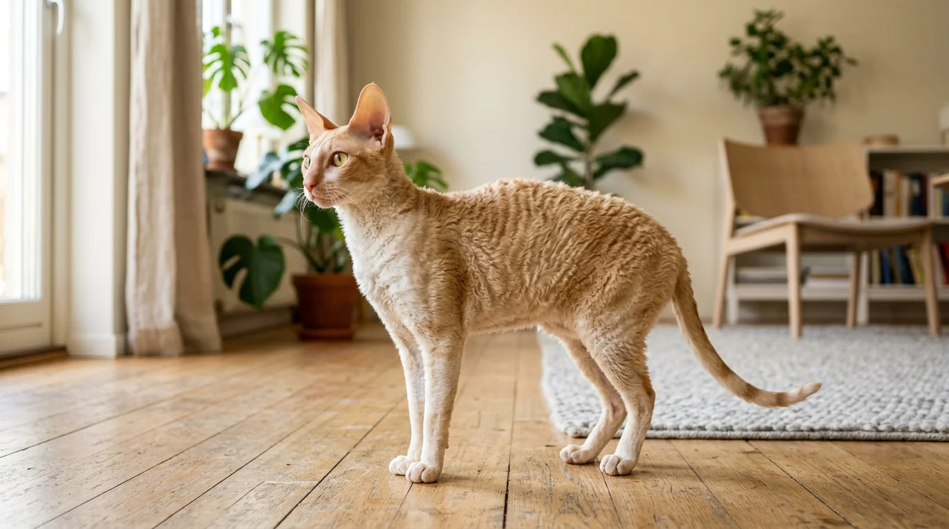 Cornish Rex cat in Scandinavian home setting
