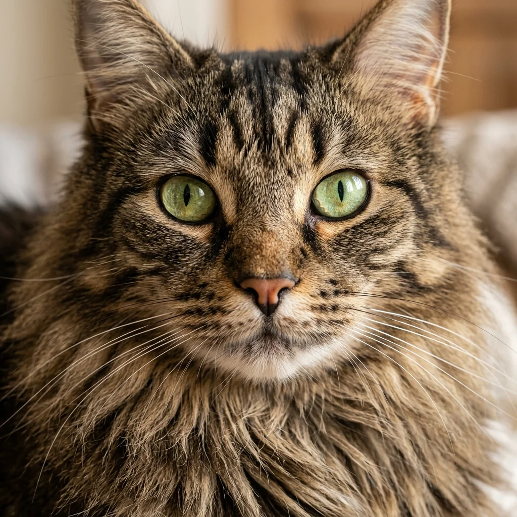 Extreme closeup of Maine Coon face showing green eyes and brown tabby markings