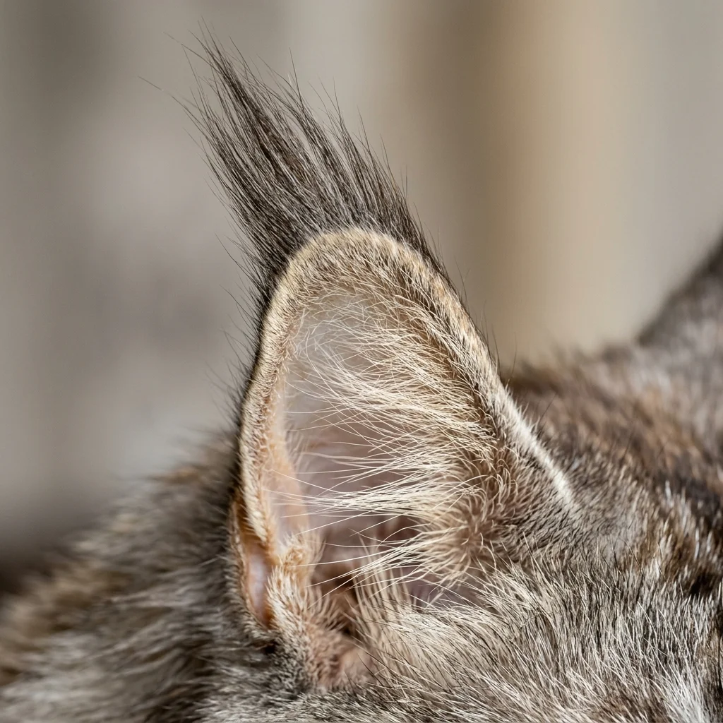 Closeup of Maine Coon tufted ear showing distinctive lynx-tip tassels