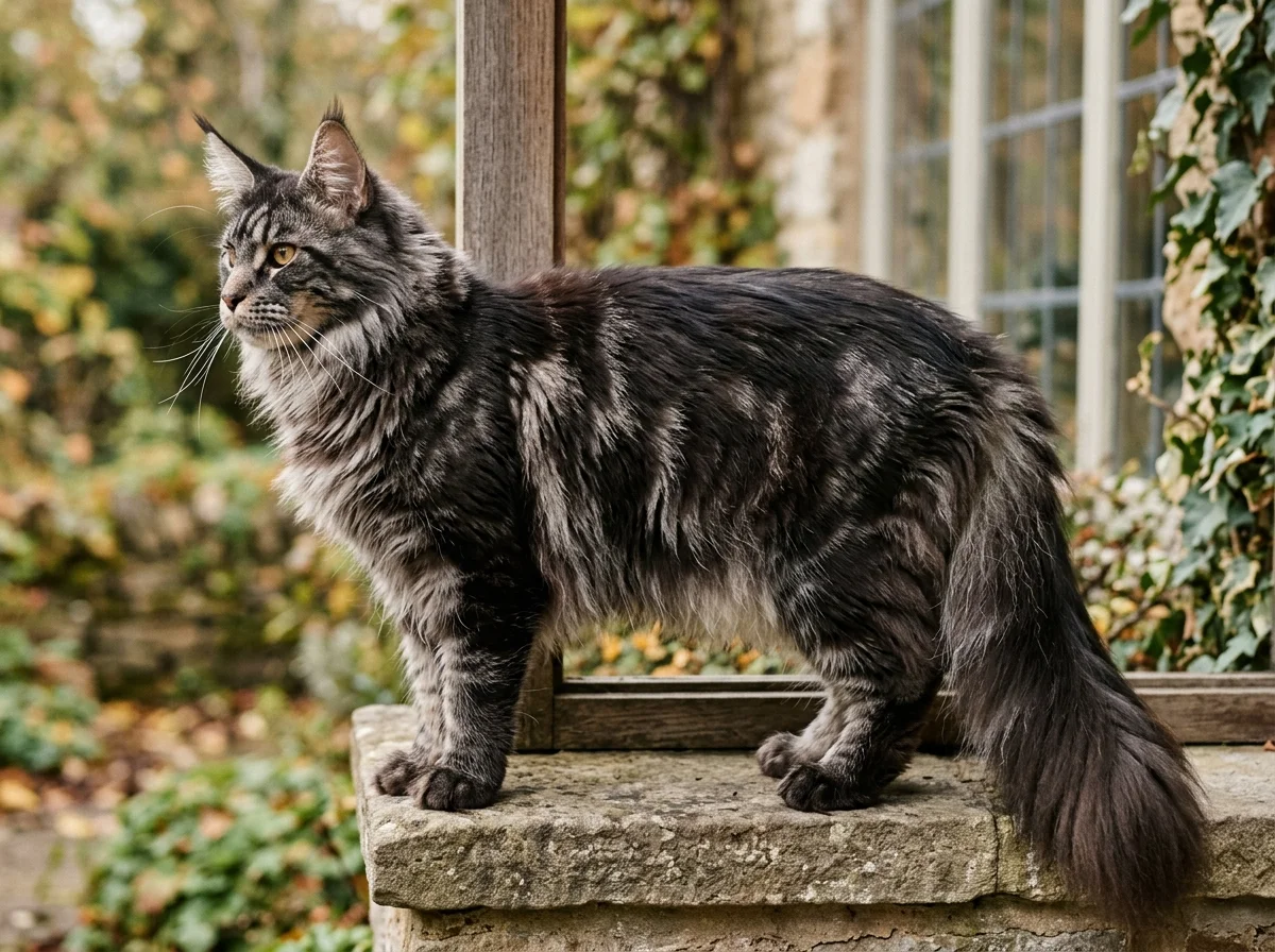 Maine Coon black smoke cat standing alert on stone windowsill