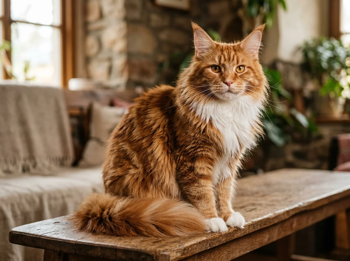 Red tabby Maine Coon cat sitting on wooden bench showing full coat
