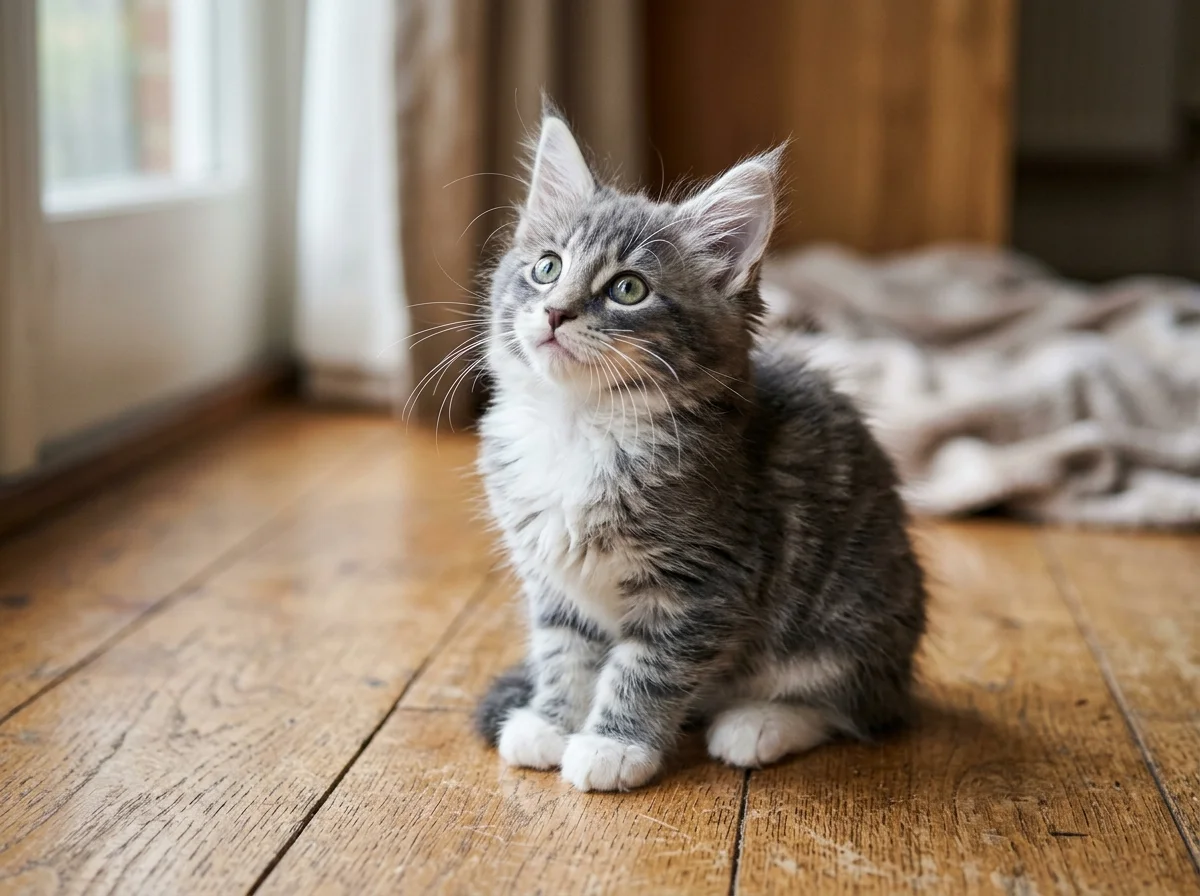 Young Maine Coon kitten in blue-grey tabby pattern sitting curiously on wooden floor