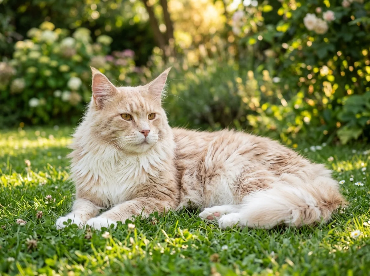 Cream Maine Coon cat relaxing in garden in golden daylight