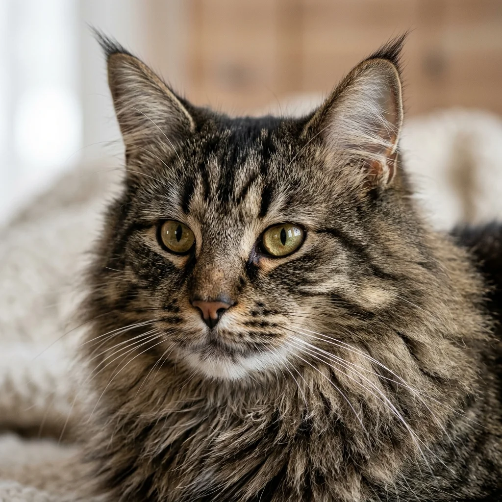 Norwegian Forest Cat face closeup showing tufted ears and dense double coat