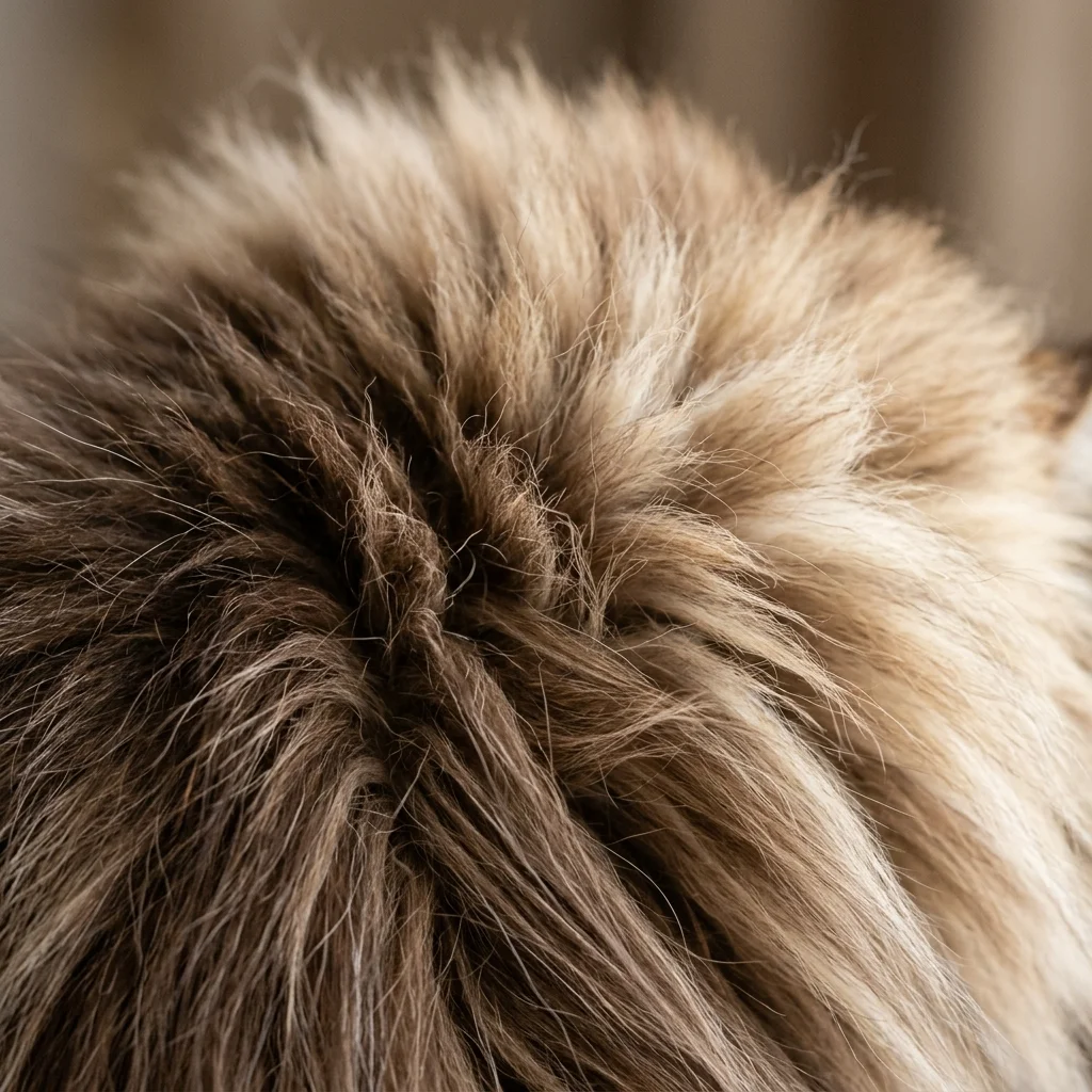 Macro closeup of Persian cat dense long coat showing individual hair strands and remarkable fur volume