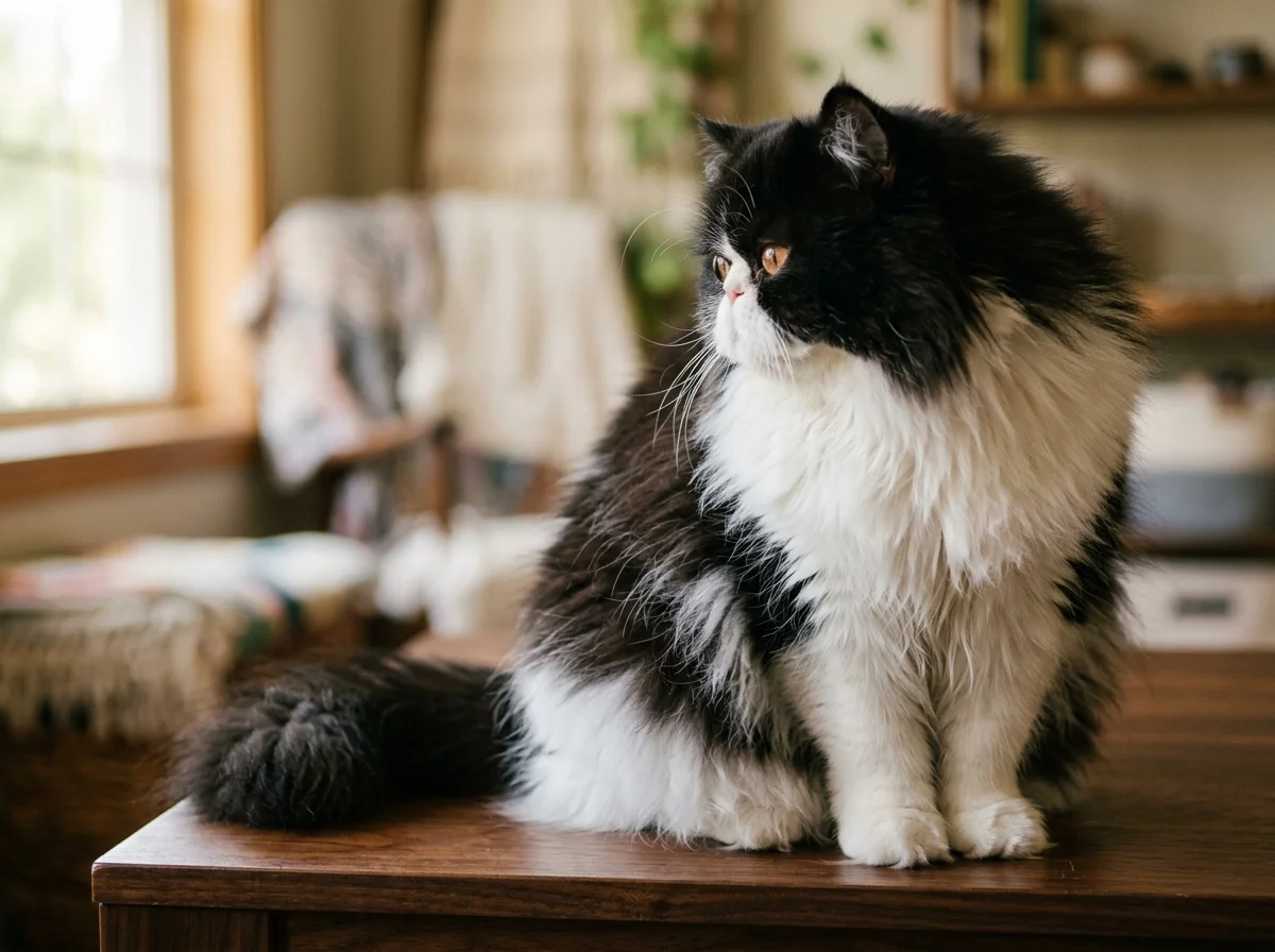 Black and white bicolor Persian cat sitting on dark wooden table