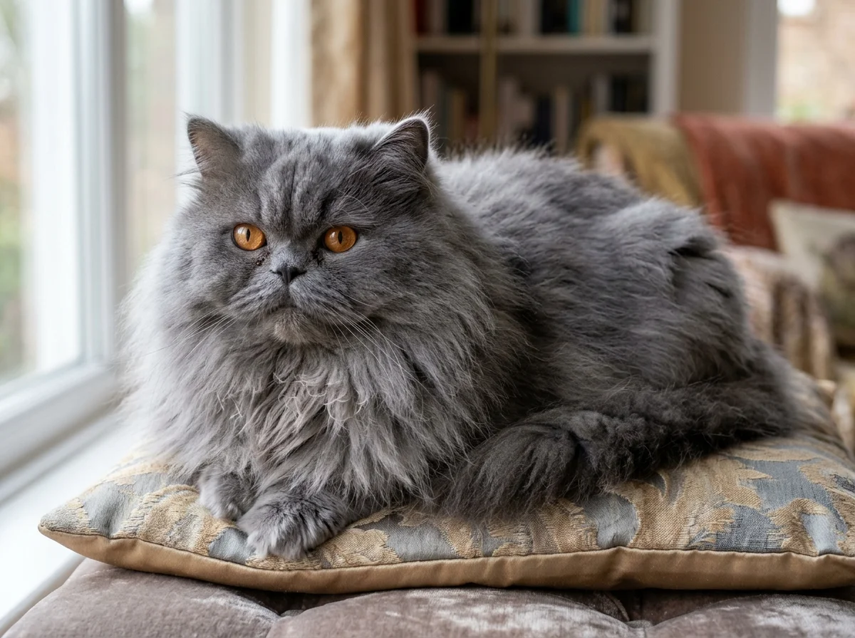 Blue-grey Persian cat with copper eyes on silk cushion