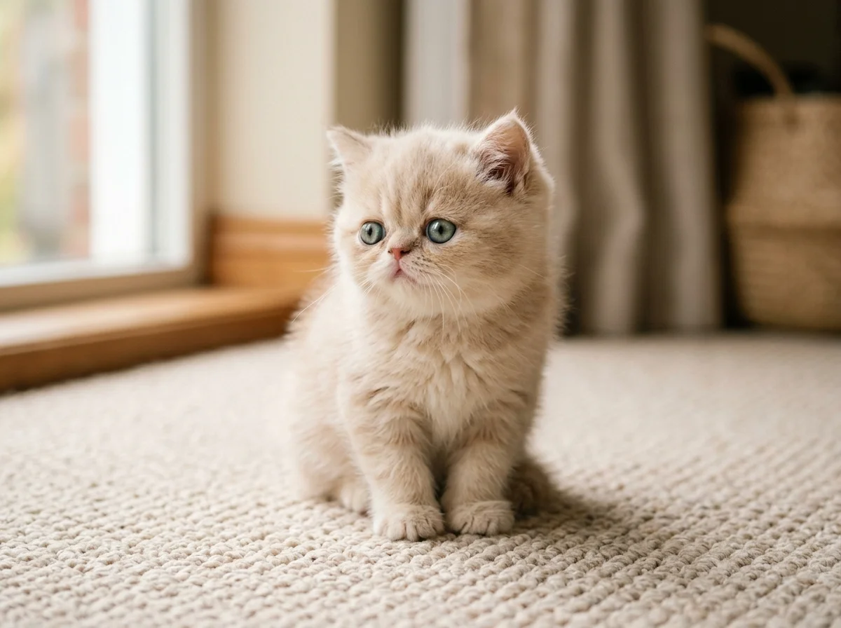 Cream Persian kitten with blue-green eyes sitting on beige carpet