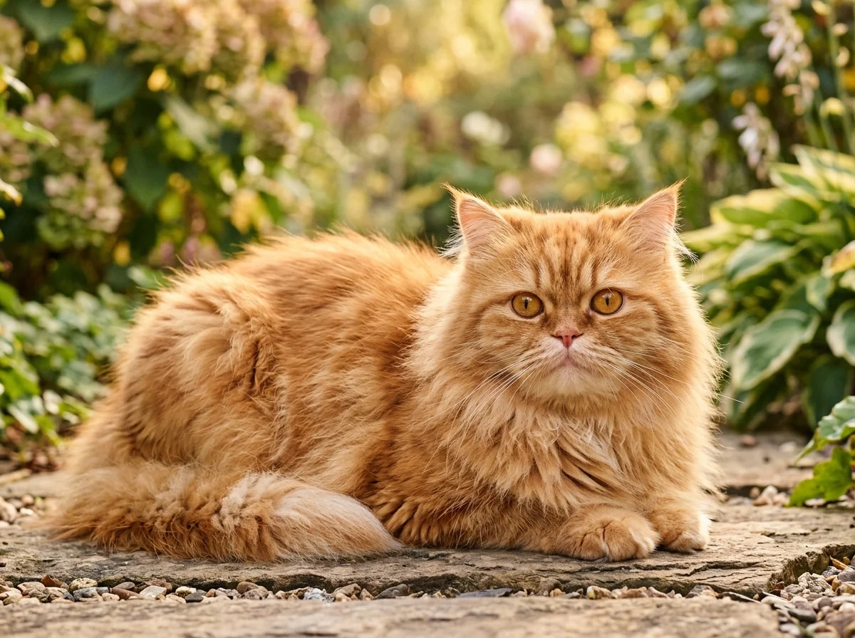 Red tabby Persian cat with amber eyes relaxing in garden