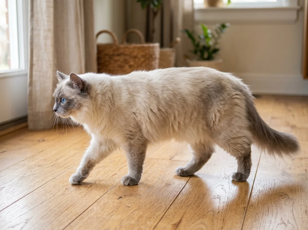 Blue colorpoint Ragdoll cat walking on hardwood floor