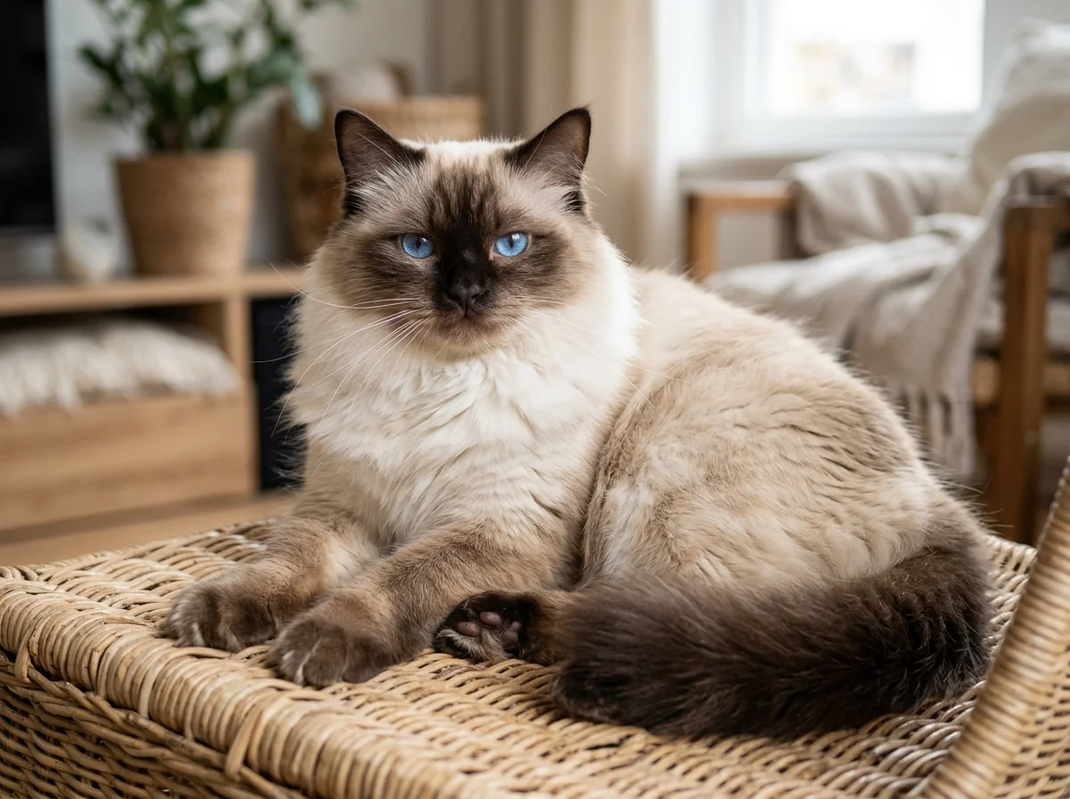 Chocolate colorpoint Ragdoll cat on wicker chair with vivid blue eyes