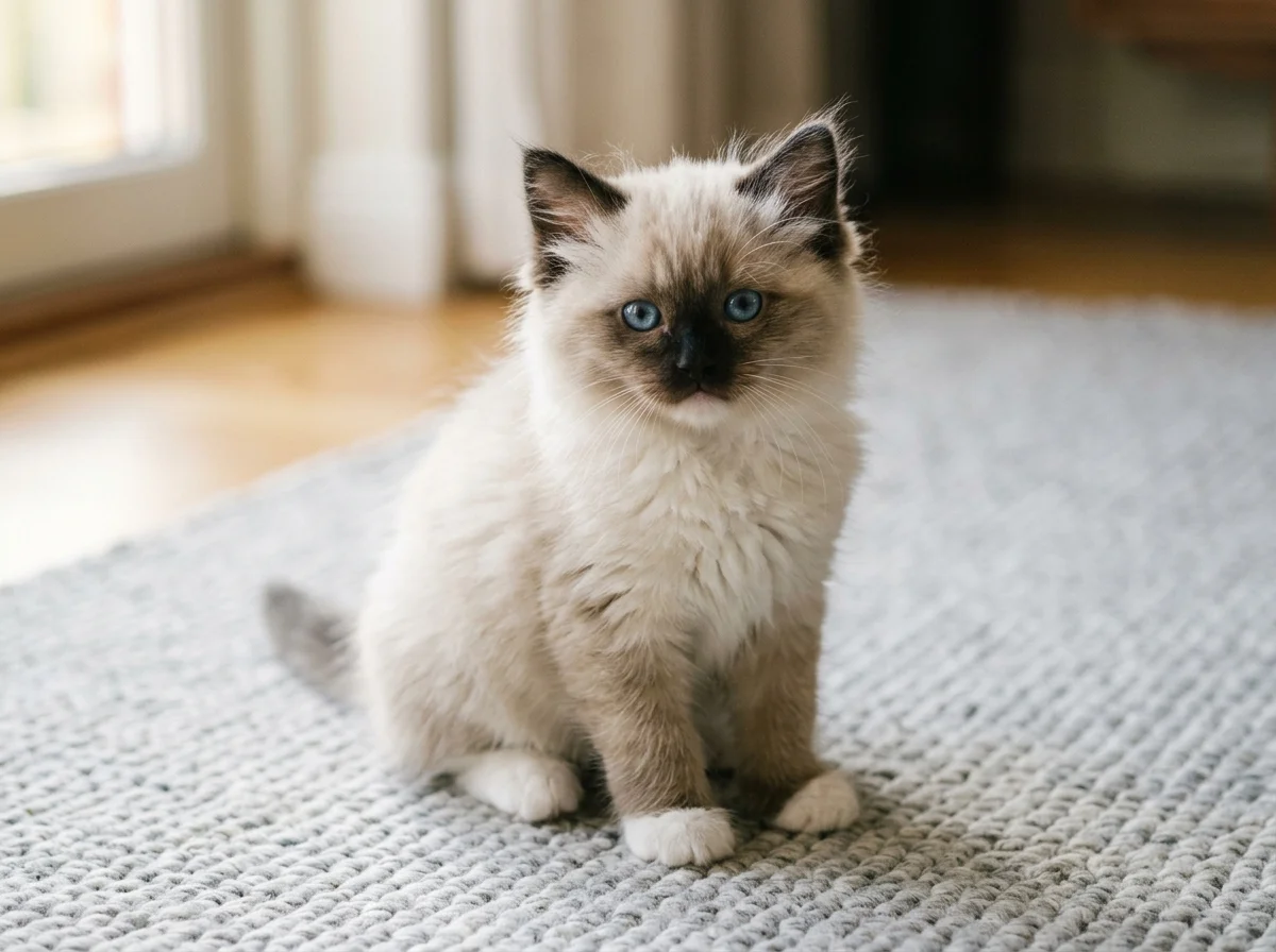 Young Ragdoll kitten in seal bicolor pattern with white mittens on grey rug