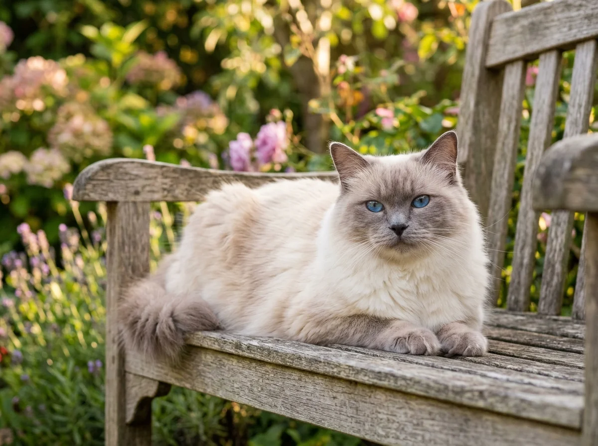 Lilac colorpoint Ragdoll cat relaxing in sunlit garden with blue eyes