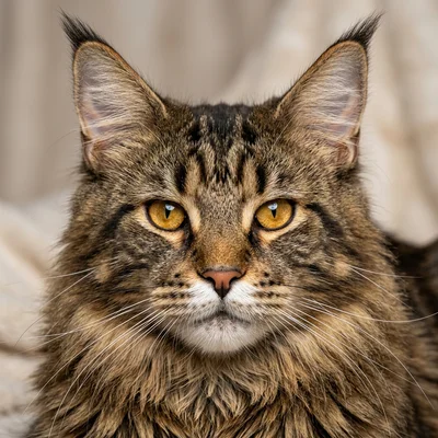 Close-up portrait of a brown tabby Maine Coon cat showing the classic M-forehead marking, tufted lynx-tipped ears and amber eyes