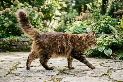 Side view of a large Maine Coon cat walking across a stone patio, showing its rectangular body, bushy tail and long fur