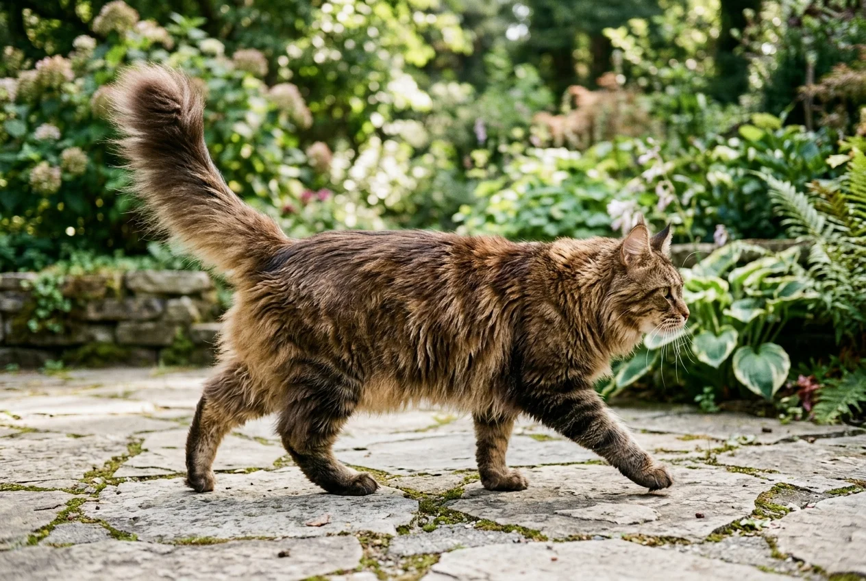 Side view of a large Maine Coon cat walking across a stone patio, showing its rectangular body, bushy tail and long fur