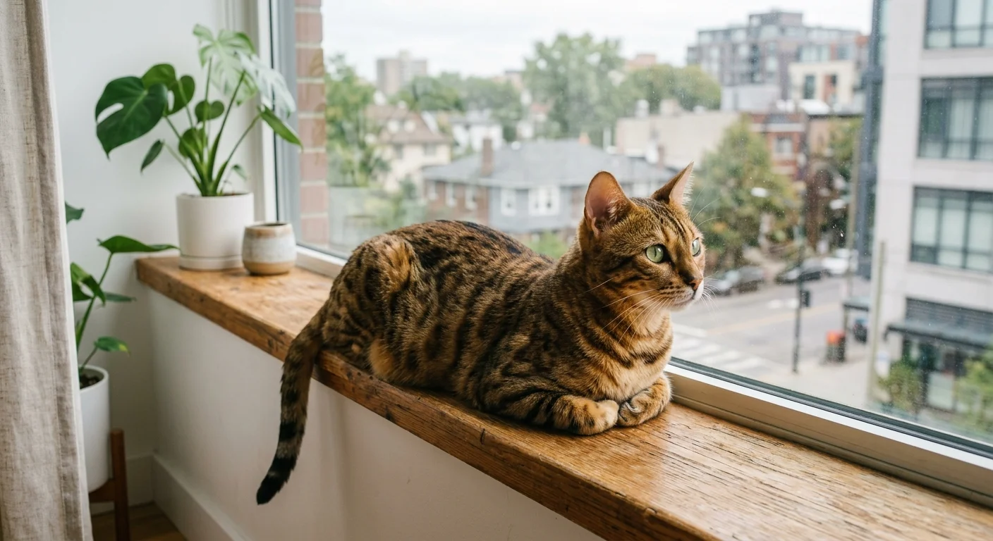 Bengal cat resting on a window sill in a bright modern apartment