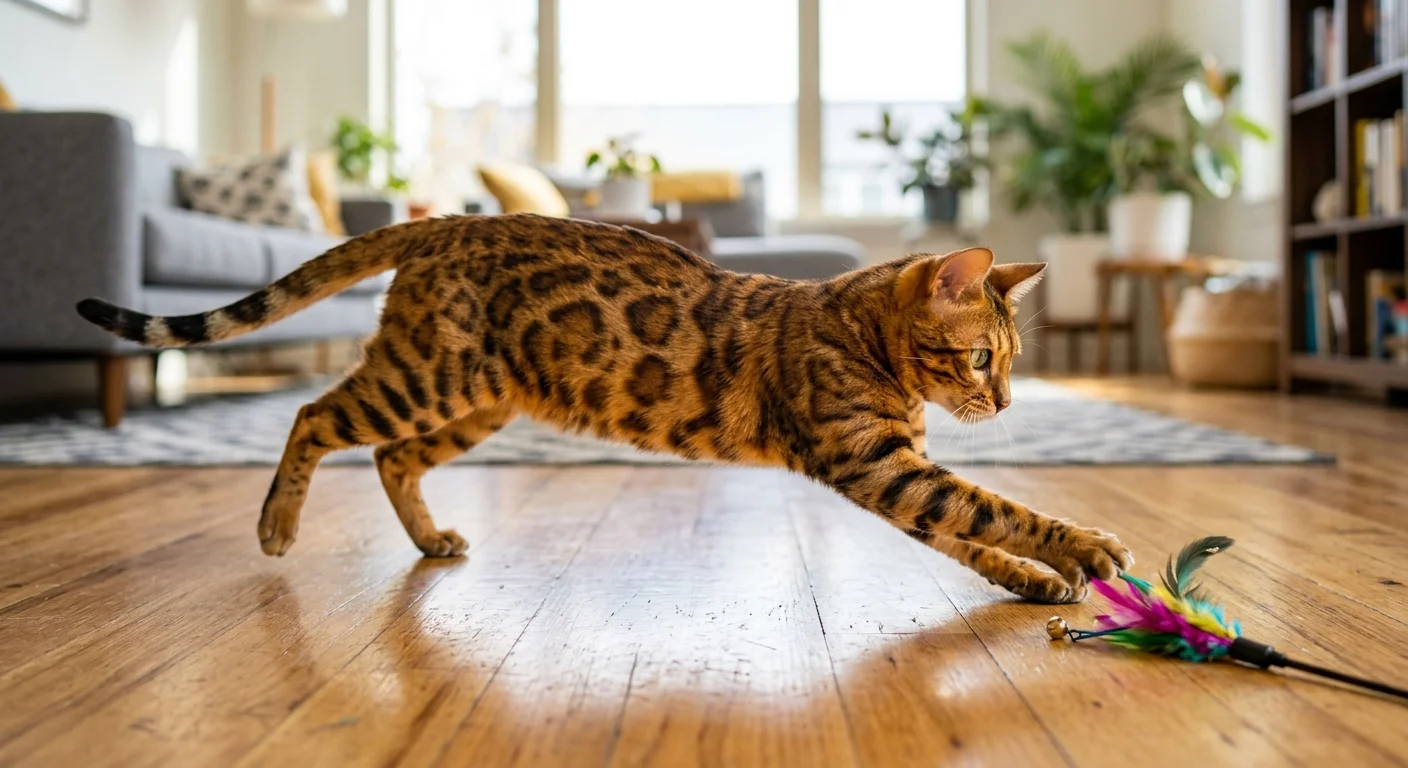 Bengal cat in a playful pounce stance reaching for a toy on a hardwood floor
