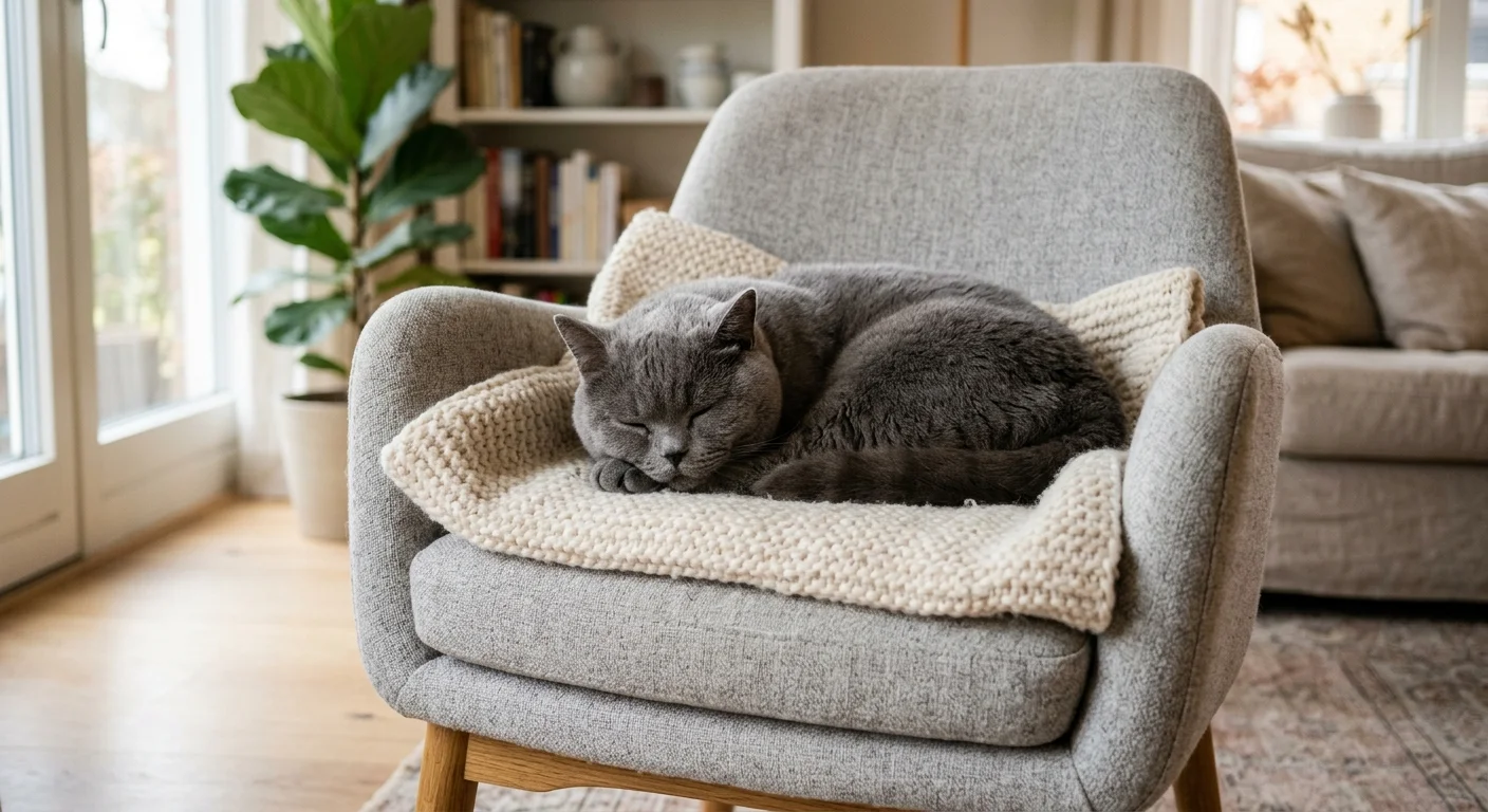British Shorthair cat curled up on a plush armchair in a cozy Scandinavian living room