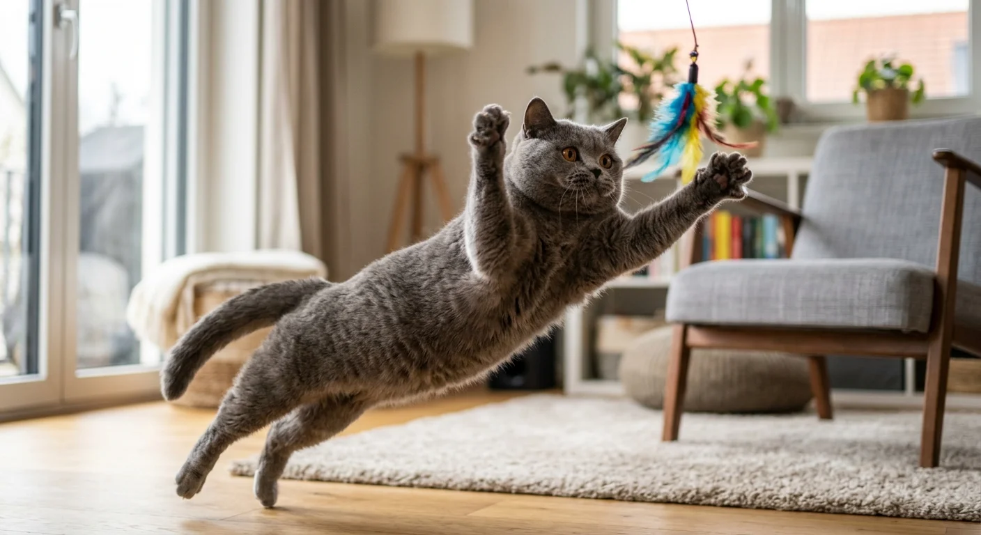 British Shorthair cat stretching with front paws extended toward a hanging toy