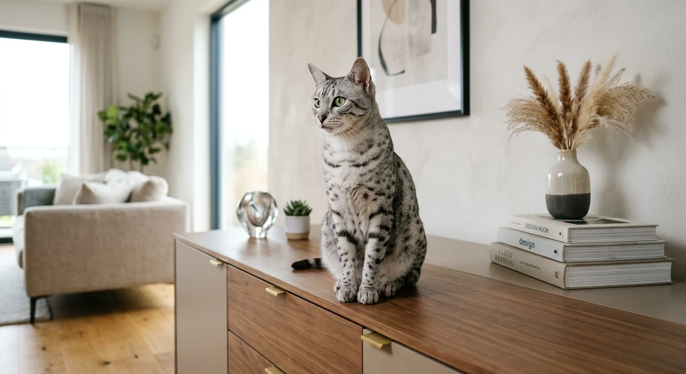Egyptian Mau cat sitting upright on a modern sideboard looking intently to one side with green gooseberry eyes