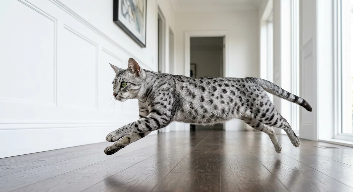 Egyptian Mau cat in a dynamic sprint across a hallway with body fully stretched showing its spotted silver coat