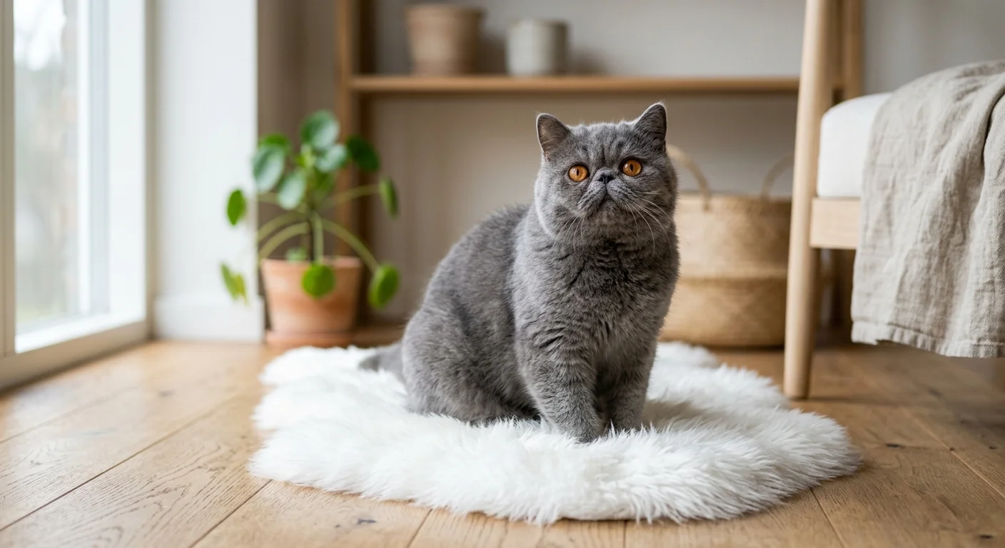 Exotic Shorthair cat sitting on a white cushion on a wooden floor looking up with its flat face and large round copper eyes