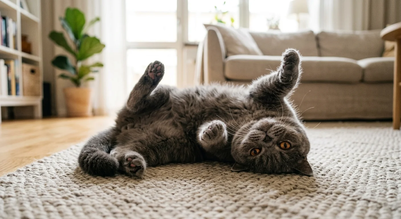Exotic Shorthair cat rolling on its back on a soft rug with paws in the air and flat face turned upward