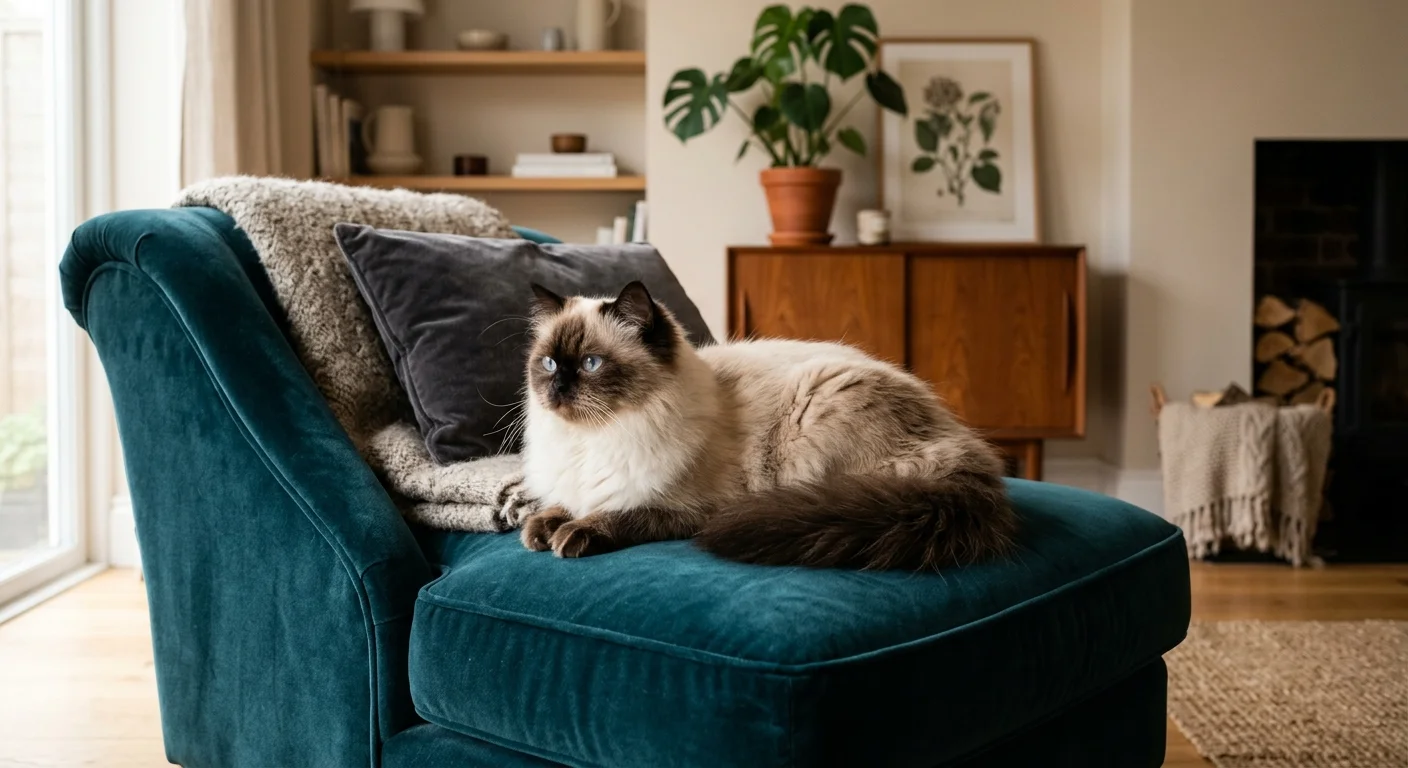 Himalayan cat resting on a velvet chaise lounge with long silky seal point fur and bright blue eyes