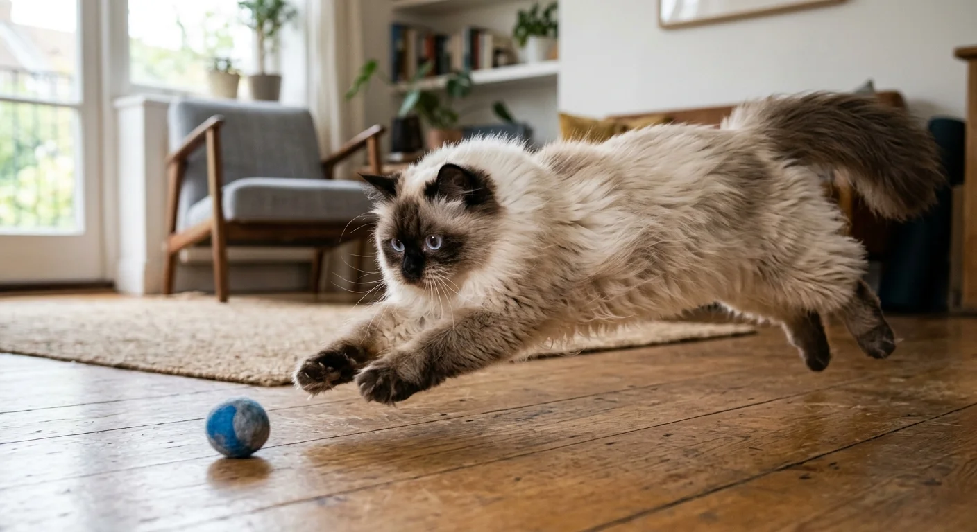 Himalayan cat mid-pounce with front paws extended and long silky fur flying while chasing a ball on a wooden floor