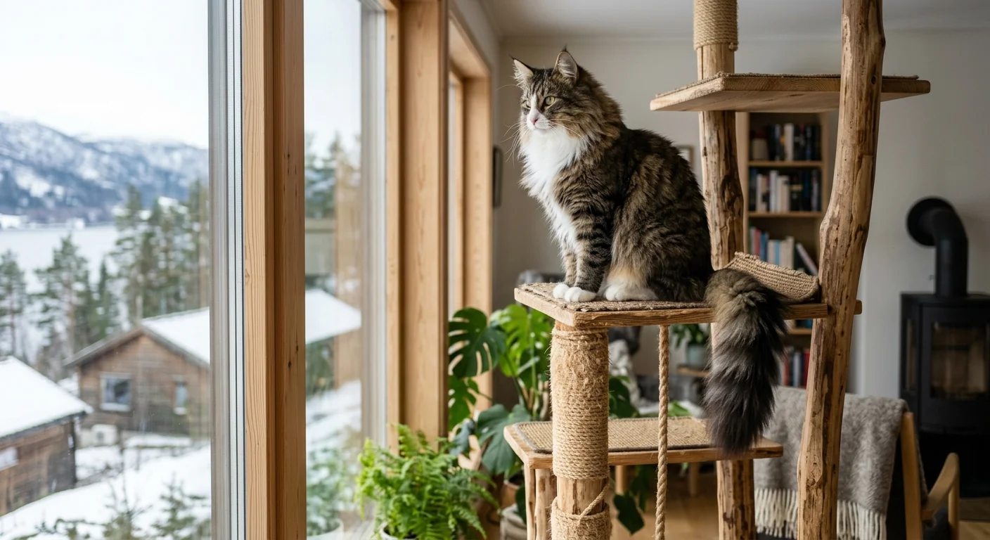 Norwegian Forest Cat perched on top of a tall cat tree near a large window with a regal expression
