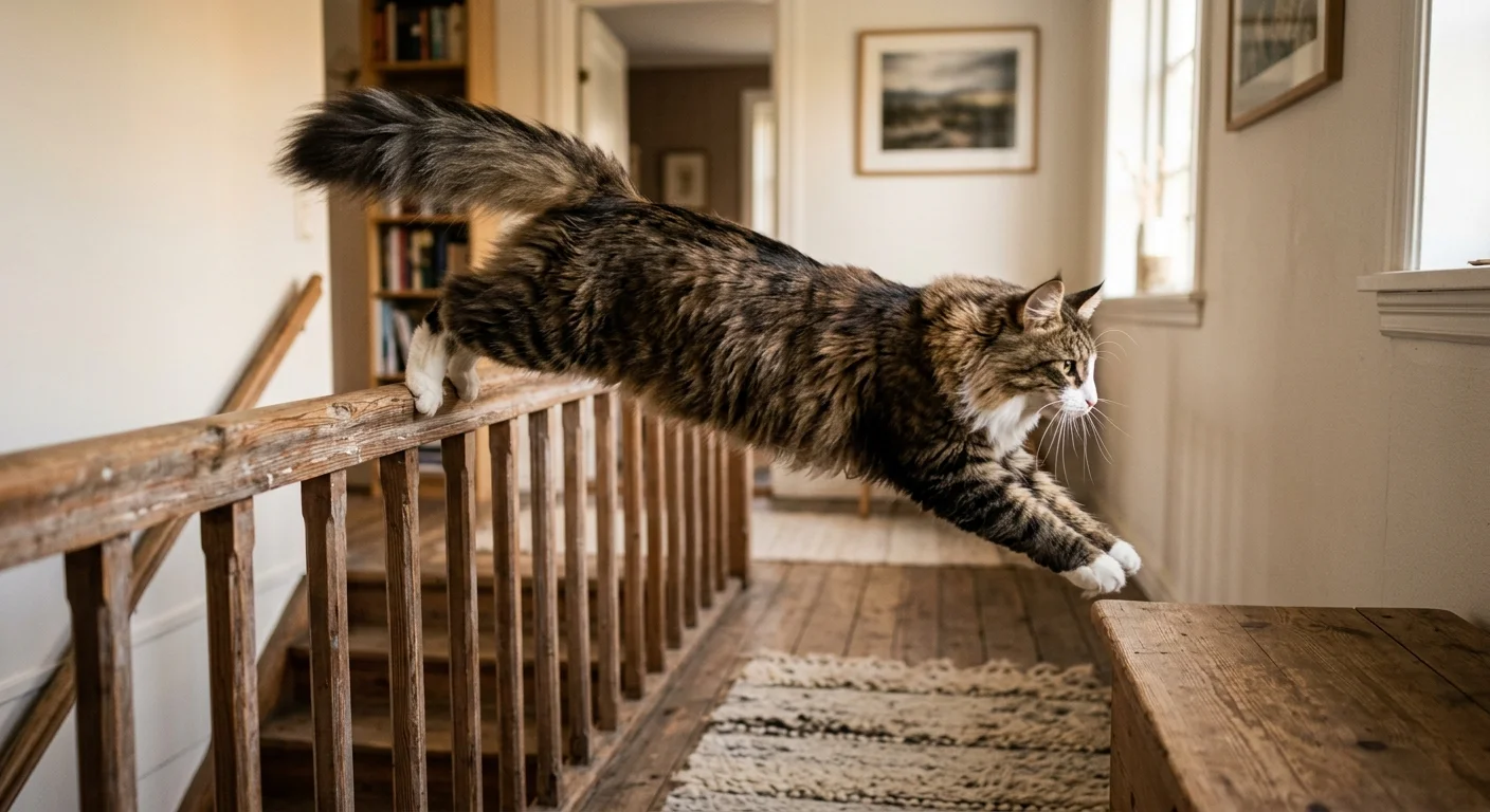 Norwegian Forest Cat leaping gracefully from a wooden staircase railing captured mid-air