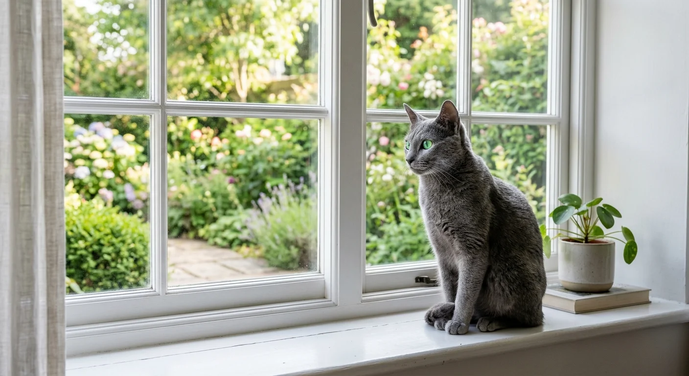 Russian Blue cat perched on a white window sill gazing at a garden