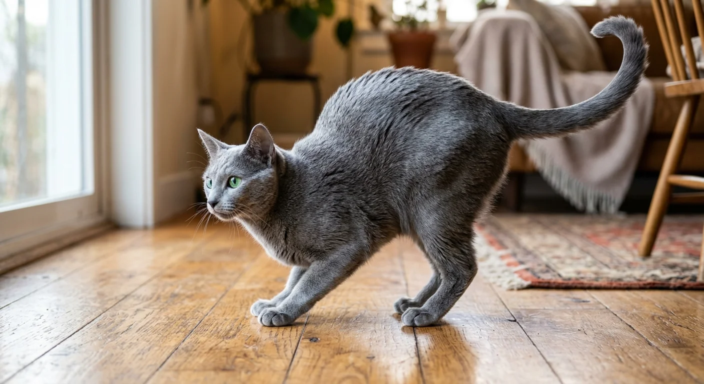 Russian Blue cat in a full body stretch with back arched on a hardwood floor