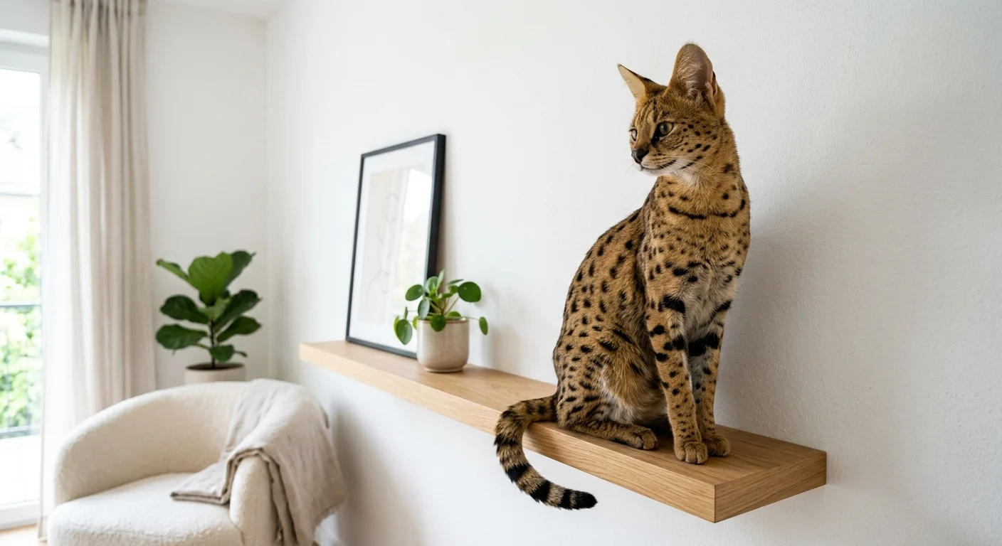 Savannah cat sitting on a modern wooden shelf mounted on a white wall with an alert wild-cat posture