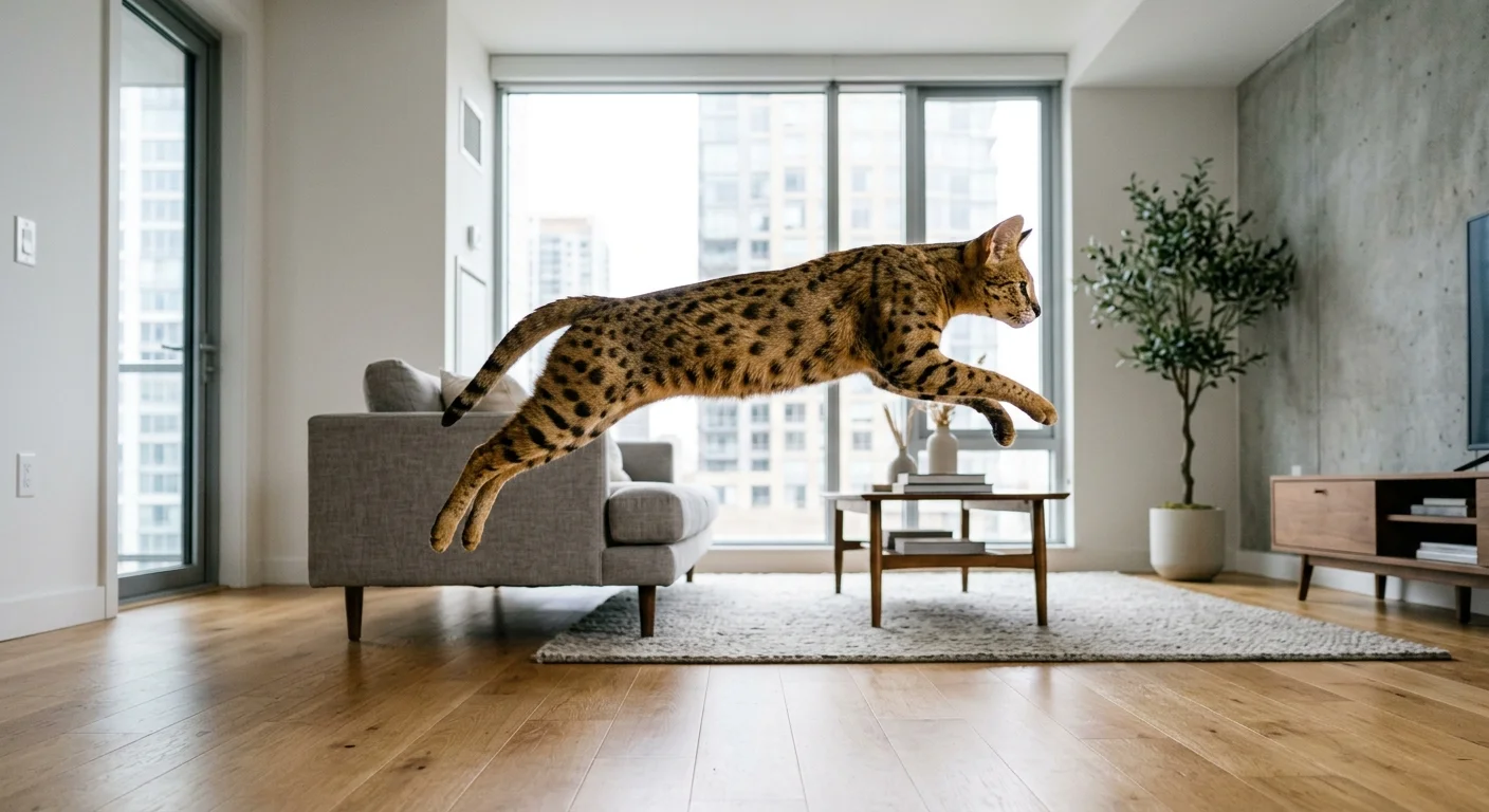 Savannah cat in a dynamic full stretch leap with all four paws off the ground in a modern apartment