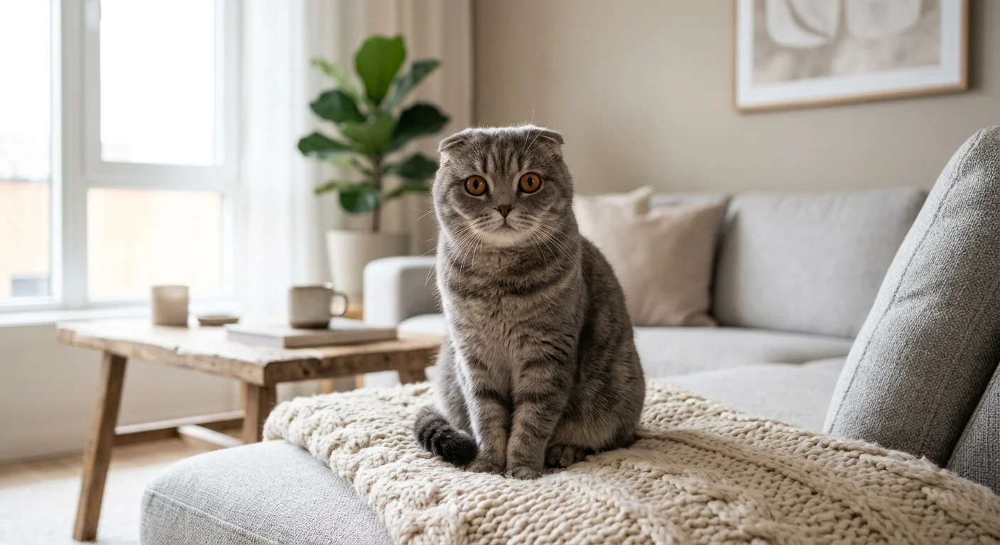 Scottish Fold cat sitting on a knitted blanket on a sofa looking at the camera