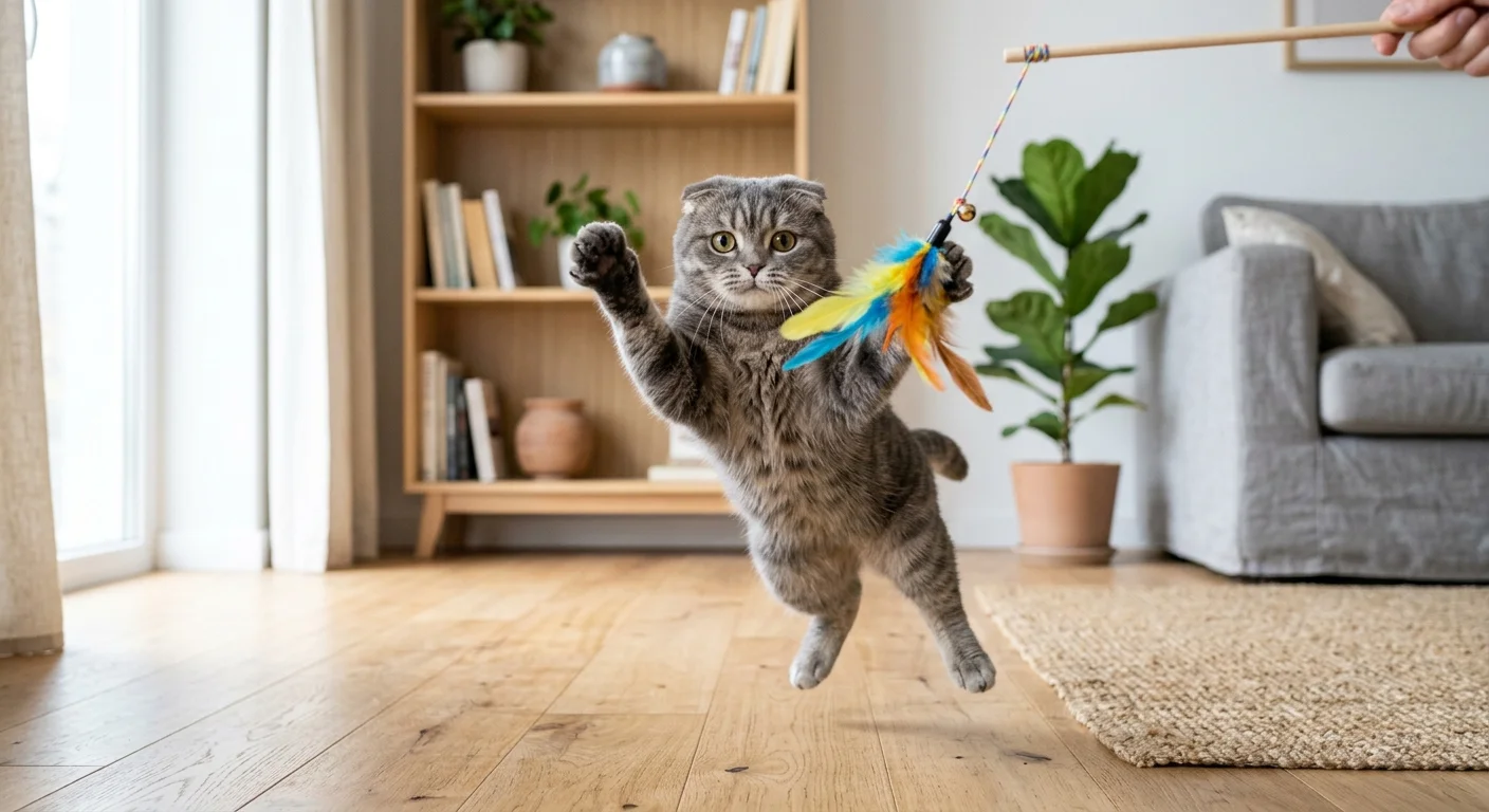 Scottish Fold cat mid-play batting at a feather toy with both paws in the air