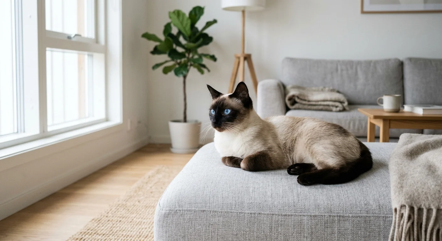 Siamese cat lounging on a linen sofa in a Scandinavian living room