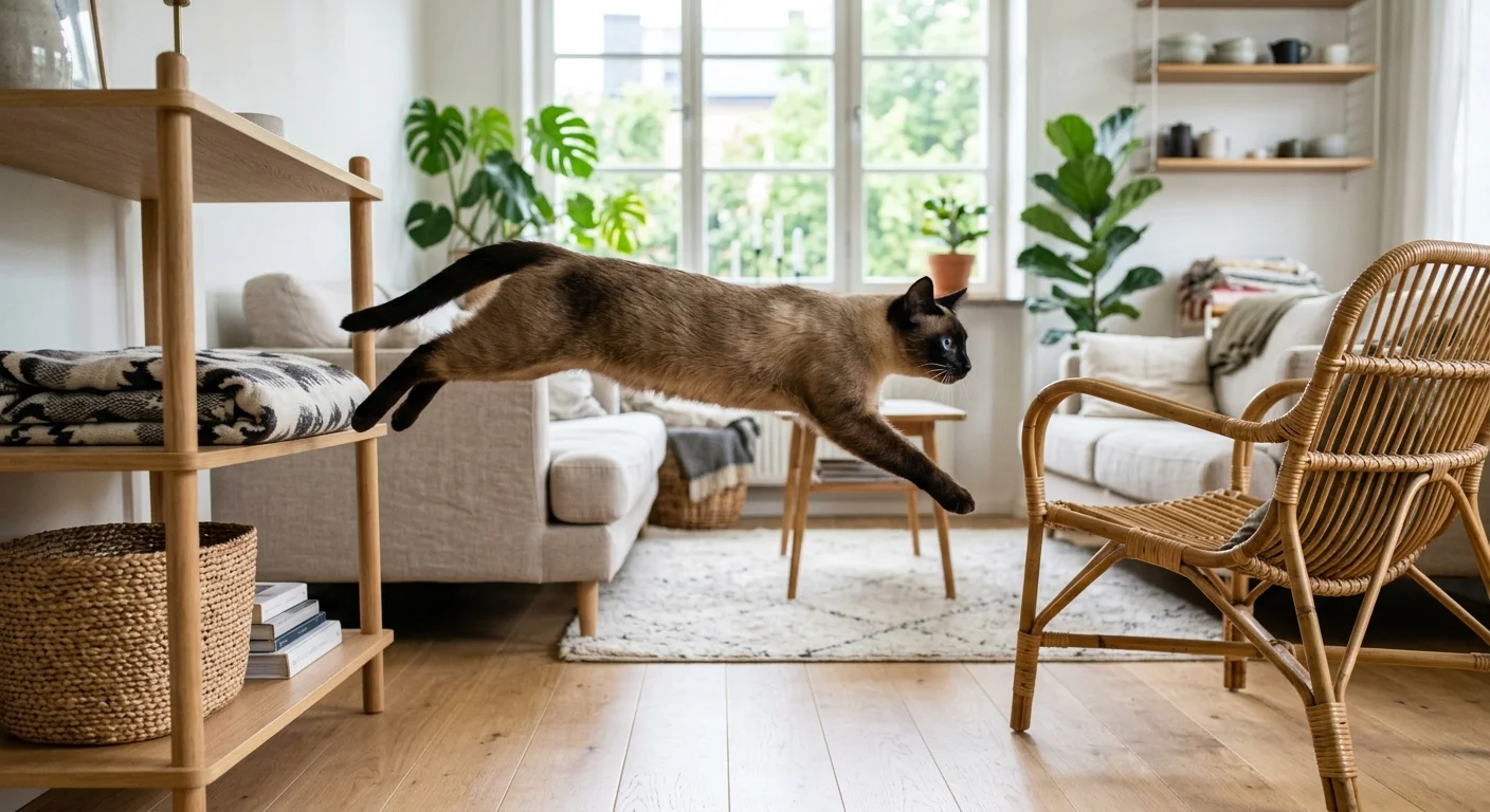 Siamese cat leaping between furniture in a bright apartment