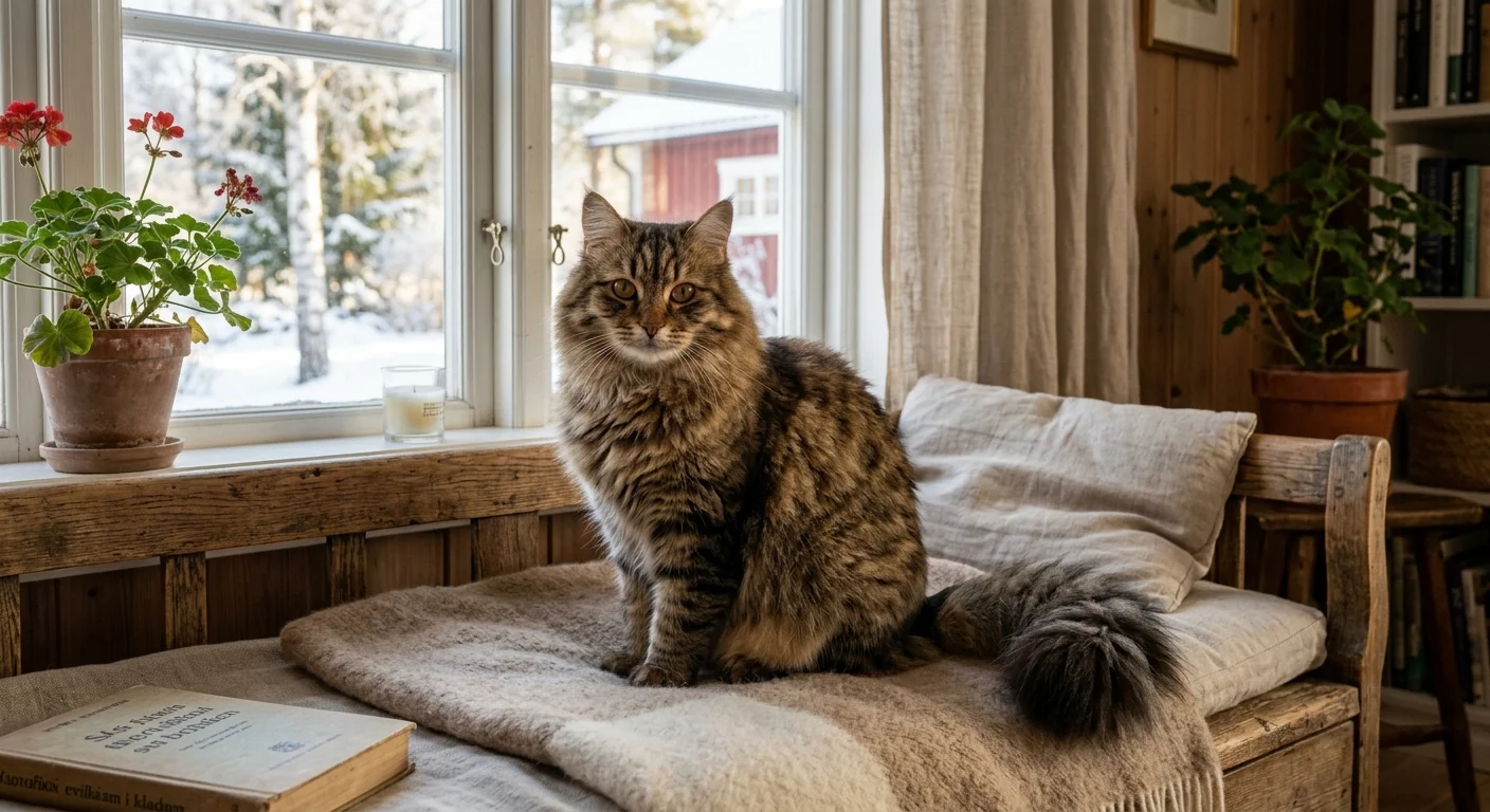 Siberian cat sitting on a wooden window bench in sunlight showing its thick luxurious multi-layered tabby coat