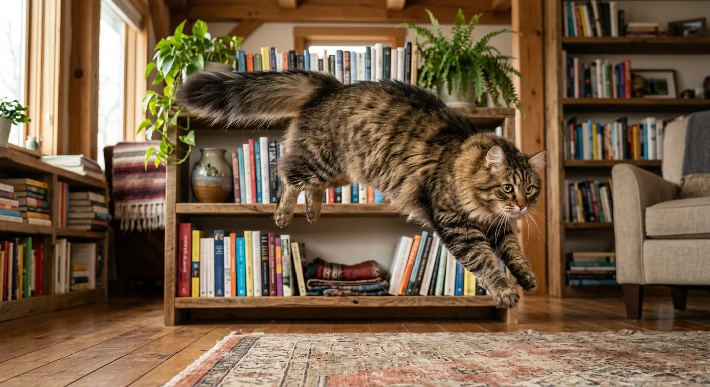 Siberian cat leaping down from a bookshelf mid-air with thick coat flowing and tail extended