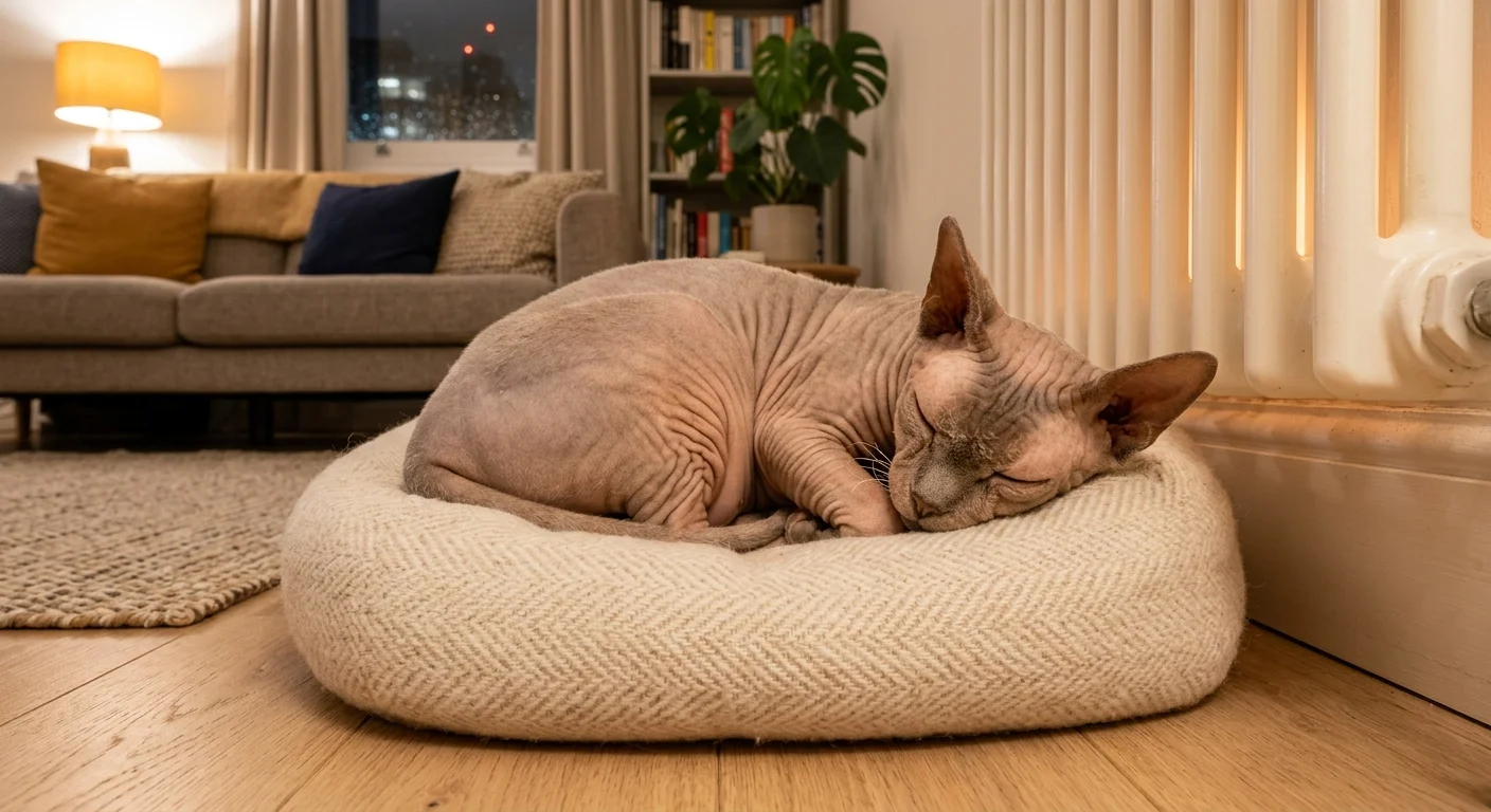 Sphynx cat curled up on a heated cat bed near a radiator in a cozy apartment