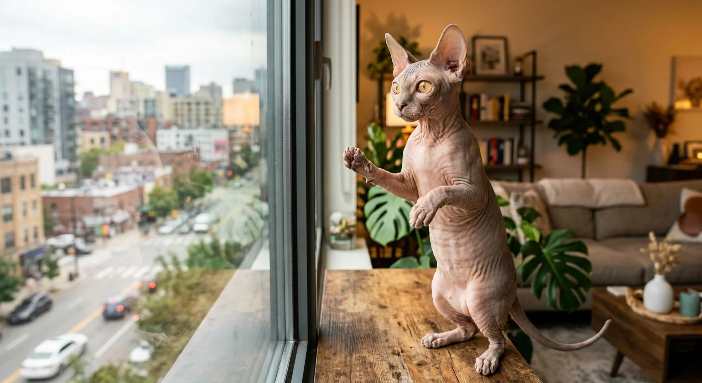 Sphynx cat standing on hind legs with front paws against a glass window looking outside